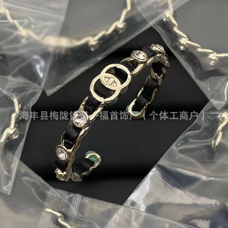 Wholesale New Double C Letter Diamond Piercing Leather Small Chanel Style Bracelet Retro Fashion All-match Bracelet